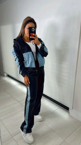 7115 Contrast cotton jacket and pants set
