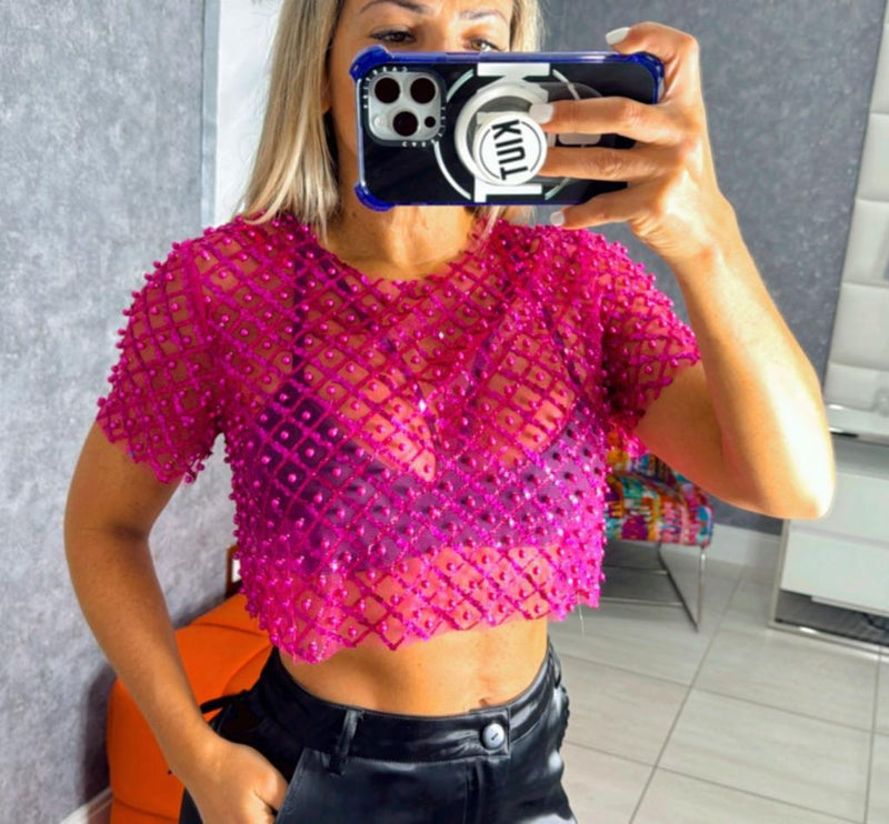 6743 Mesh sequins short sleeve crop top