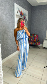 4347 Striped ruffled tube woven jumpsuit