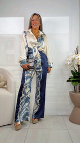 8004 Satin printed blouse and pants set