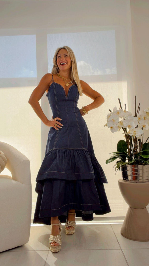 1846 Denim midi dress double layer ruffled