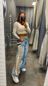 0816 Contrast animal print denim with elastic waist
