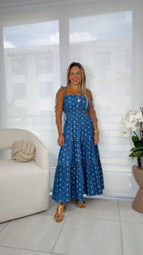 3647 Lightweight denim polka dot midi dress