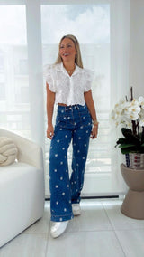 2490 Embroidery flowers denim pants
