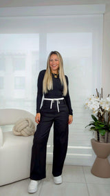 3645 Contrast drawstring wide leg pants