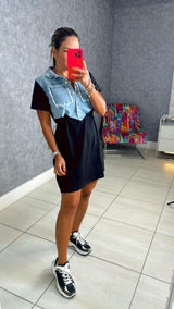 2229 Contrast denim and cotton mini dress