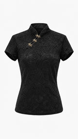 0419 Short sleeve mandarin collar lace top