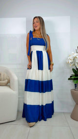 3264 Shoulder ties striped maxi dress