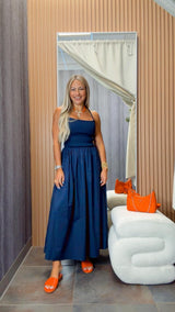 2213 Tie back solid midi dress