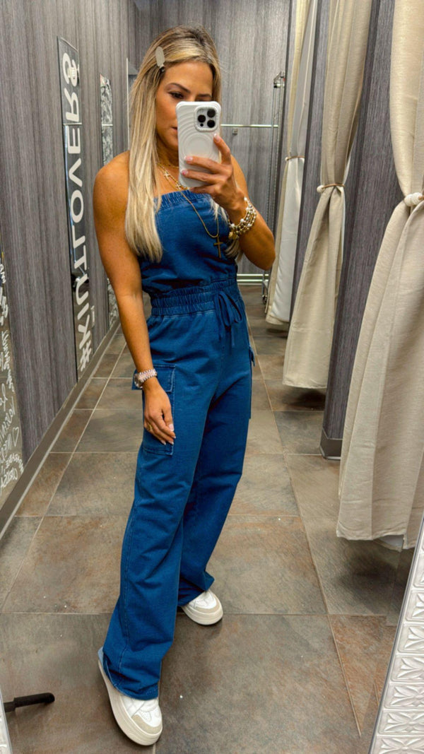 7384 Washed strapless cargo jumpsuit
