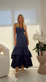 1846 Denim midi dress double layer ruffled