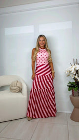 1504 Polka dot body and striped maxi skirt set Kiut