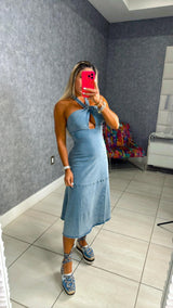 3783 Halter denim dress with cut out