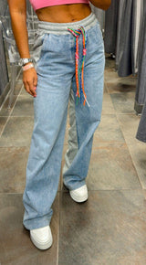 0218 Contrast denim pants with color laces