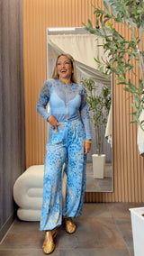 1768 Denim Leopard mesh top and harem pants set kiut