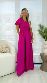 7265 One shoulder smocked top woven jumpsuit