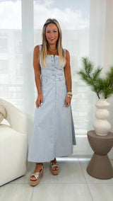 1536 Striped woven button down midi dress