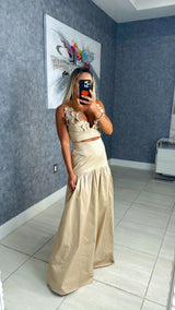 5088 Flower top and maxi skirt set