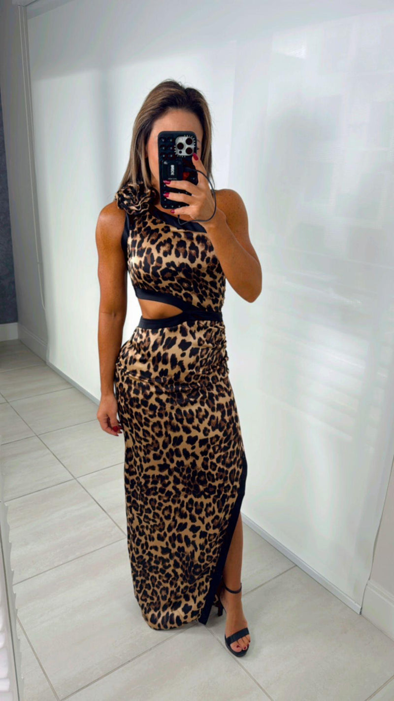 6653 Leopard one shoulder satin maxi dress