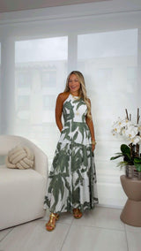 3583 Palm print halter maxi dress