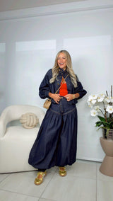 0462 Bubble jacket denim and aladdin pants set
