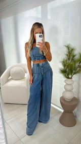 1008 Washed woven button up wide leg matching set