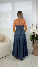 3399 Denim halter neck maxi dress