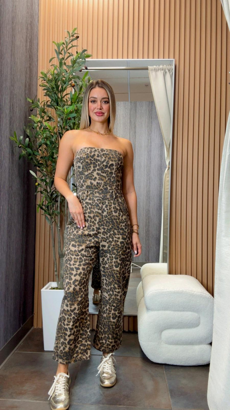 3099 Leopard denim strapless jumpsuit