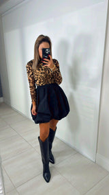 6575 Bubble hem leopard mesh mini dress