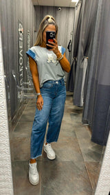 2414 Baggy fit panel fray hem jeans