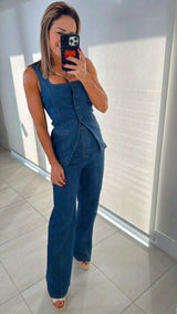 6026 Denim square neck top and high rise pants set