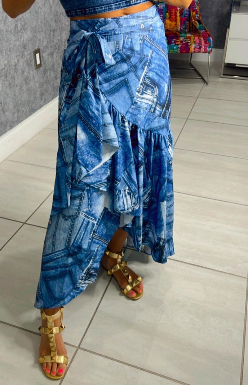 1050 Print denim wrap skirt with flounce