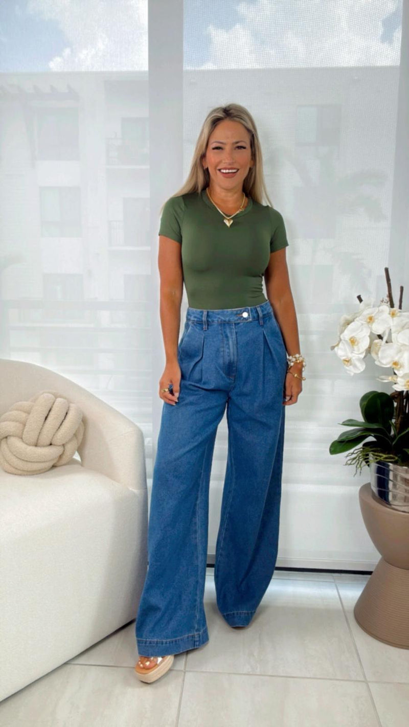 6270 Pleated wide leg denim pants