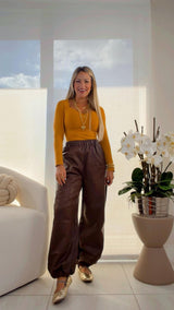 1112 Elastic waist faux leather joggers