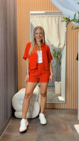 IS16 Crinkled button down top and short set