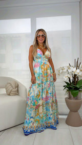 3355 Printed halter tie maxi dress