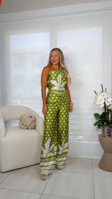 7284 Border printed halter top and pants set