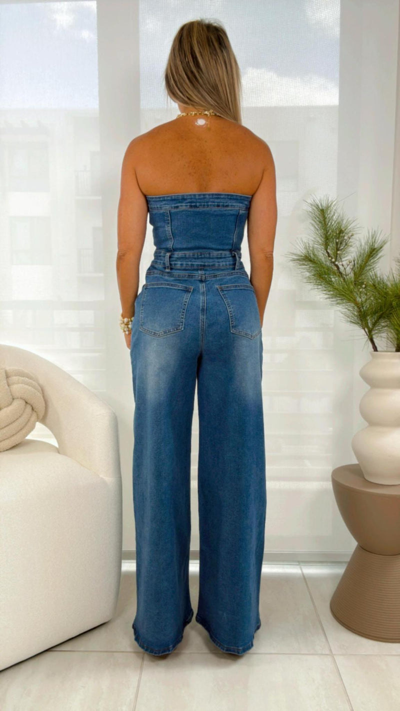 8183 Washed denim jumpsuit strapless