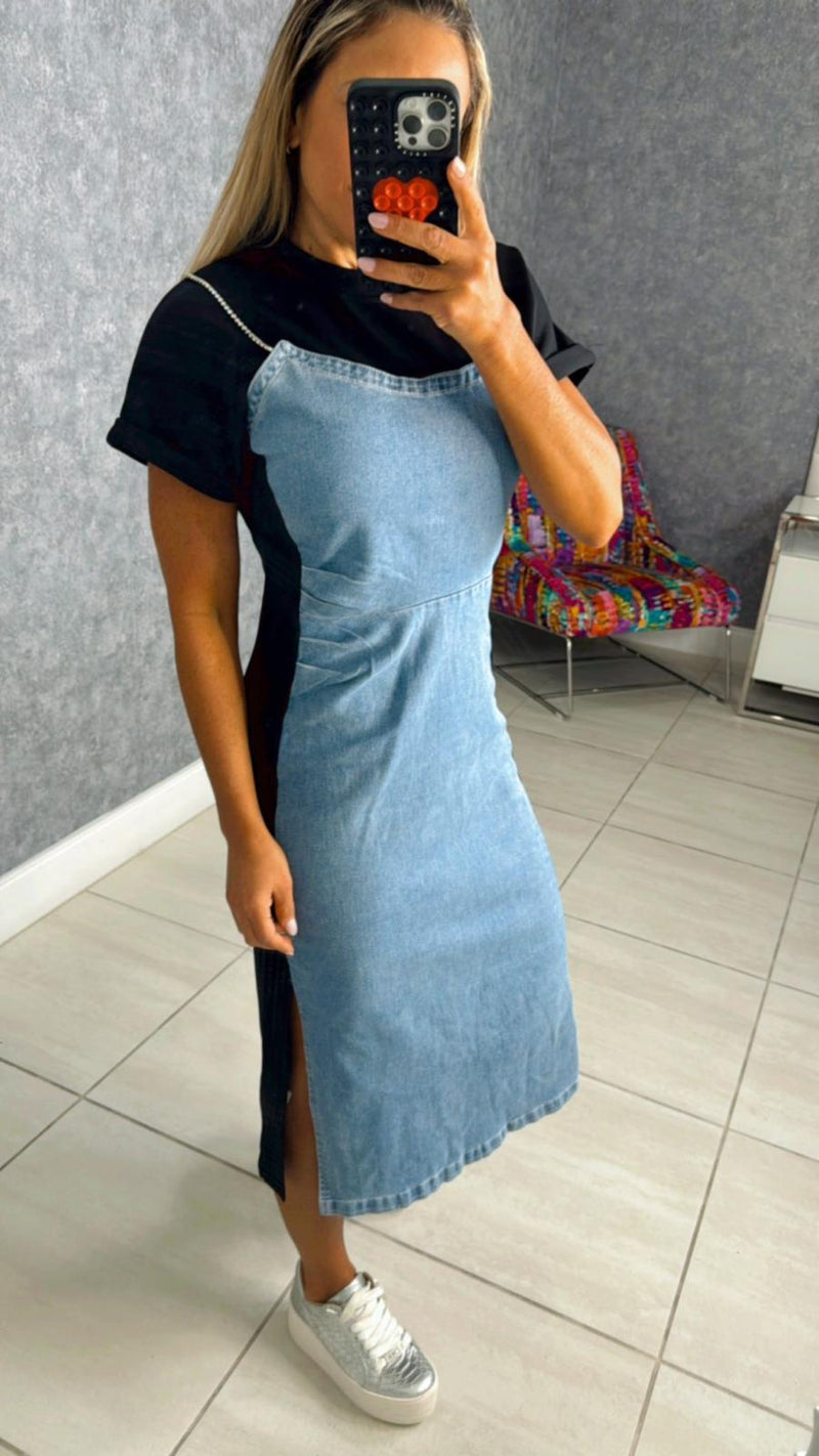 0773 Contrast denim midi dress