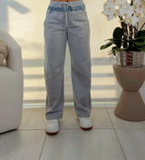 7079 Slouchy barrel leg pants with contrast denim detail