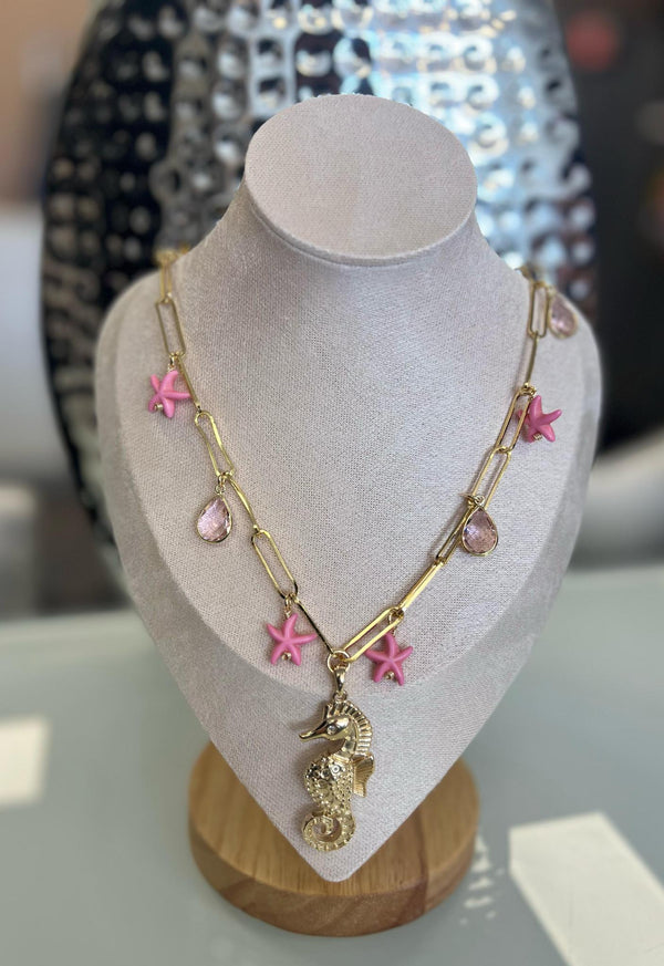 N1097 Seahorse Necklace Pink