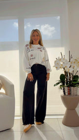 1277 High rise palazzo leg frayed hem pants