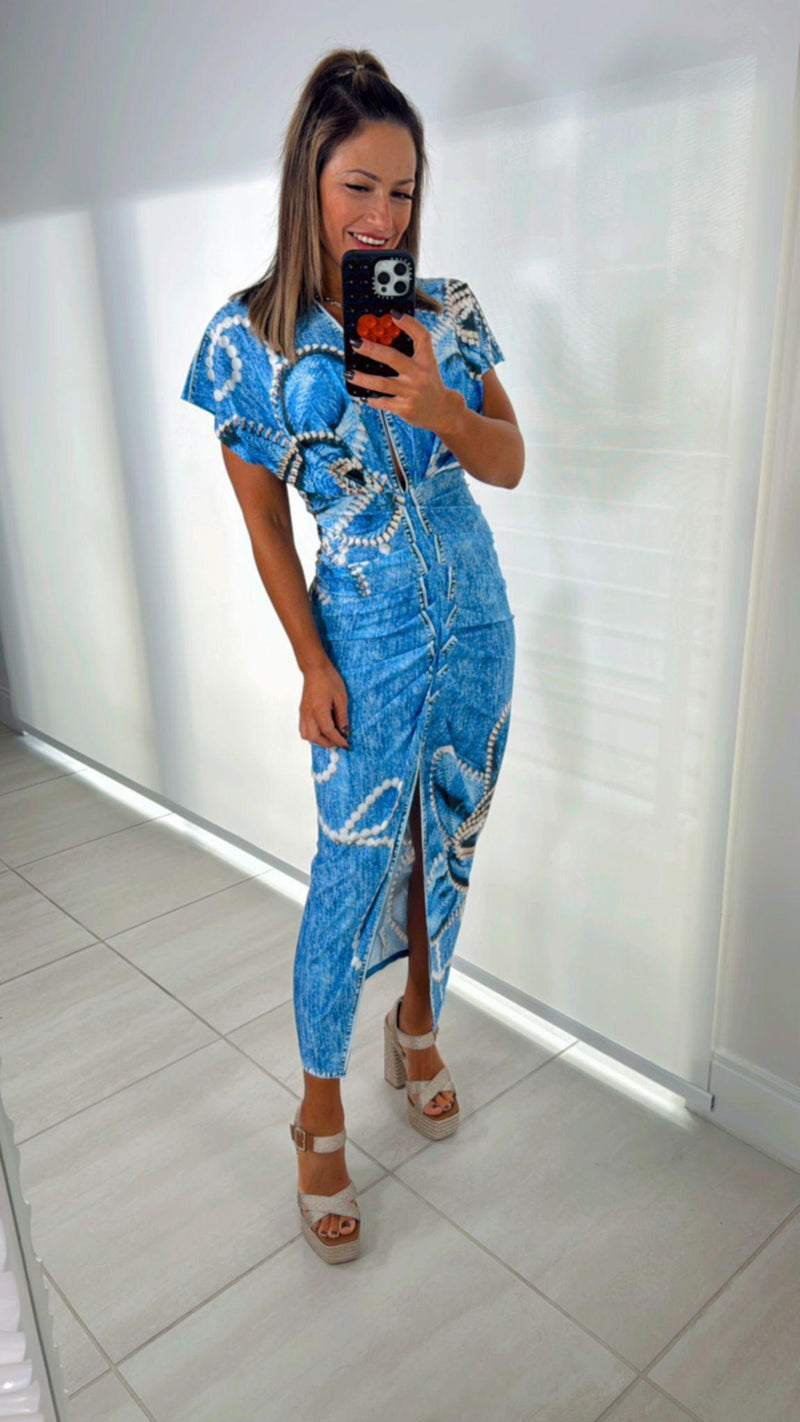 3703 Vneck print denim dress