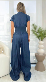 0712 V-neck denim jumpsuit