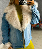 7576 Fur collard cuff over sized denim jacket