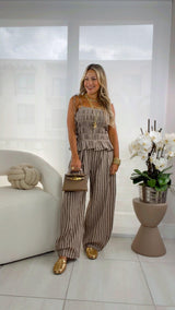 3436 Ruffled hem smocked top wide leg jumpsuit