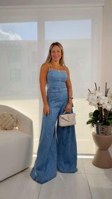 1877 Washed denim jumpsuit straight neckline