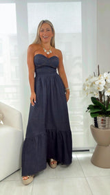 5047 Strapless denim midi dress with belt