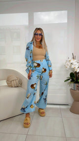 0952 Beach print blouse and pants set
