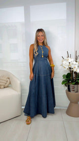 3399 Denim halter neck maxi dress